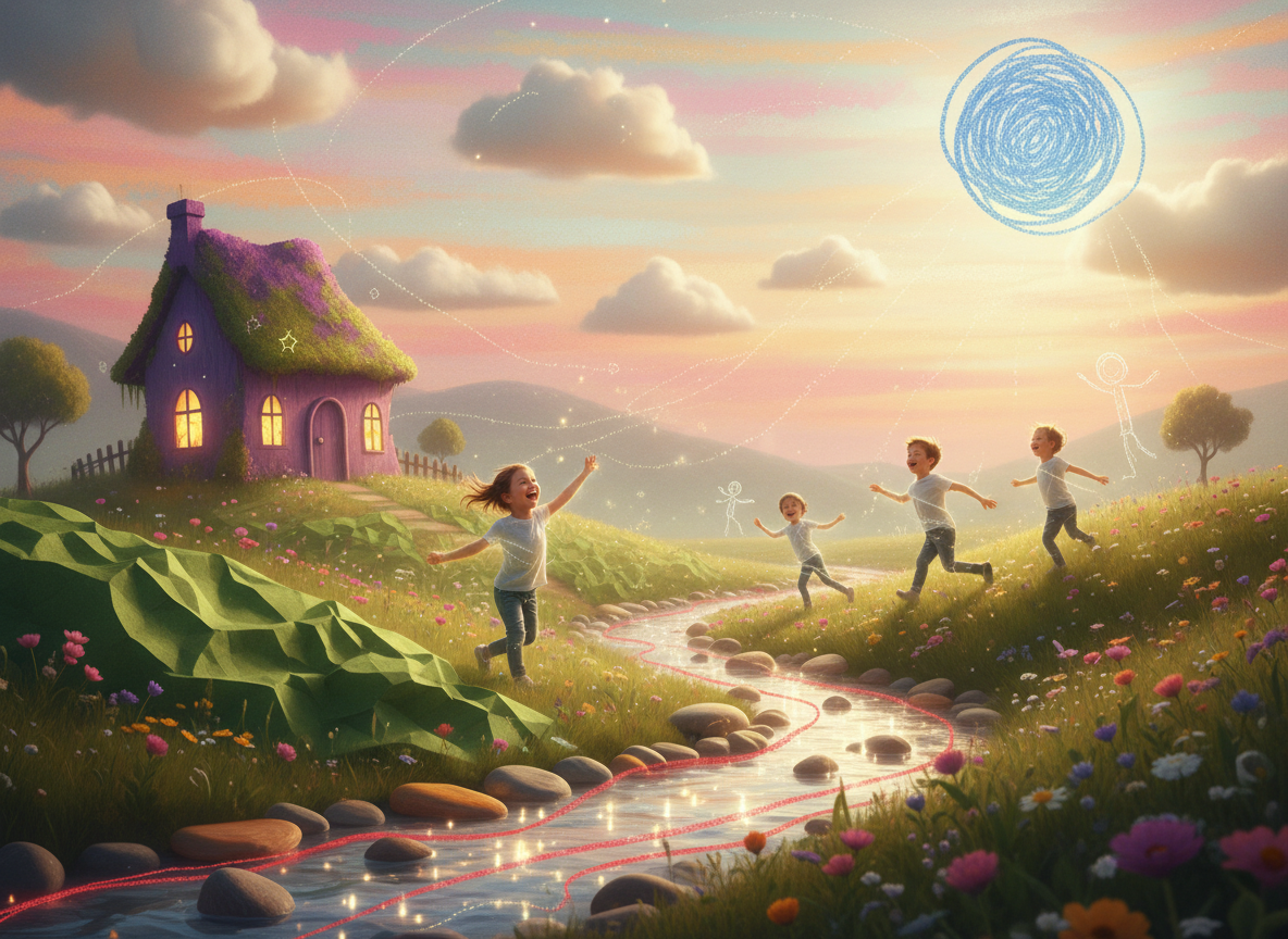 AI에 의해 포토리얼리스틱 장면으로 애니메이션된 아이들의 그림.