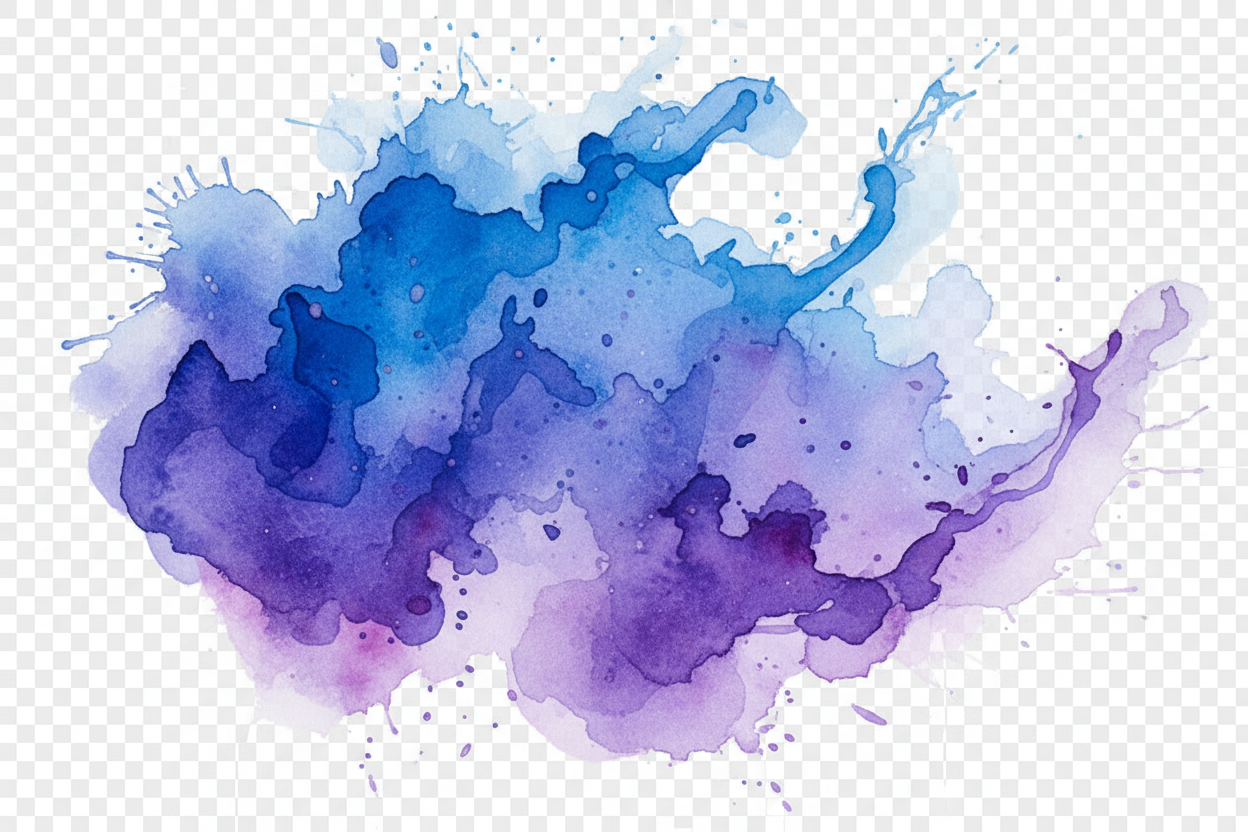파란색과 보라색 톤의 생생한 수채화 물방울, 예술적, 투명 배경, 무료 PNG 그래픽 요소.