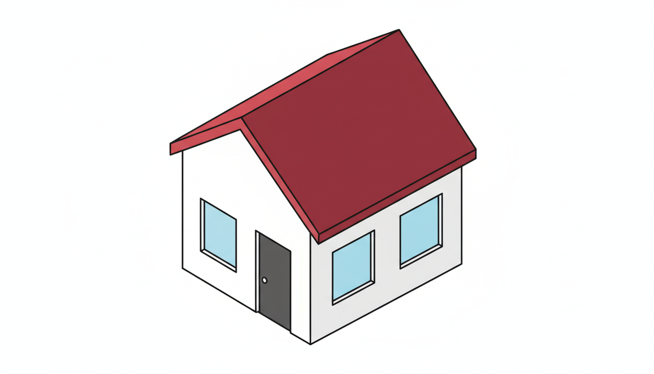 빨간 지붕이 있는 작은 집의 아이소메트릭 묘사, 깔끔한 선, 심플한 스타일, 투명 배경, 무료 PNG 아이콘.