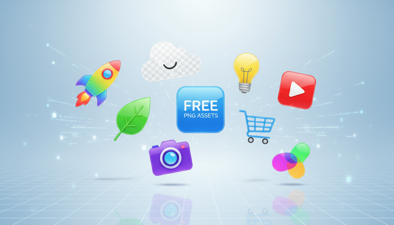 무료 PNG 자산을 상징하는 투명한 디지털 공간에 떠 있는 다채로운 플랫 디자인 아이콘 모음.