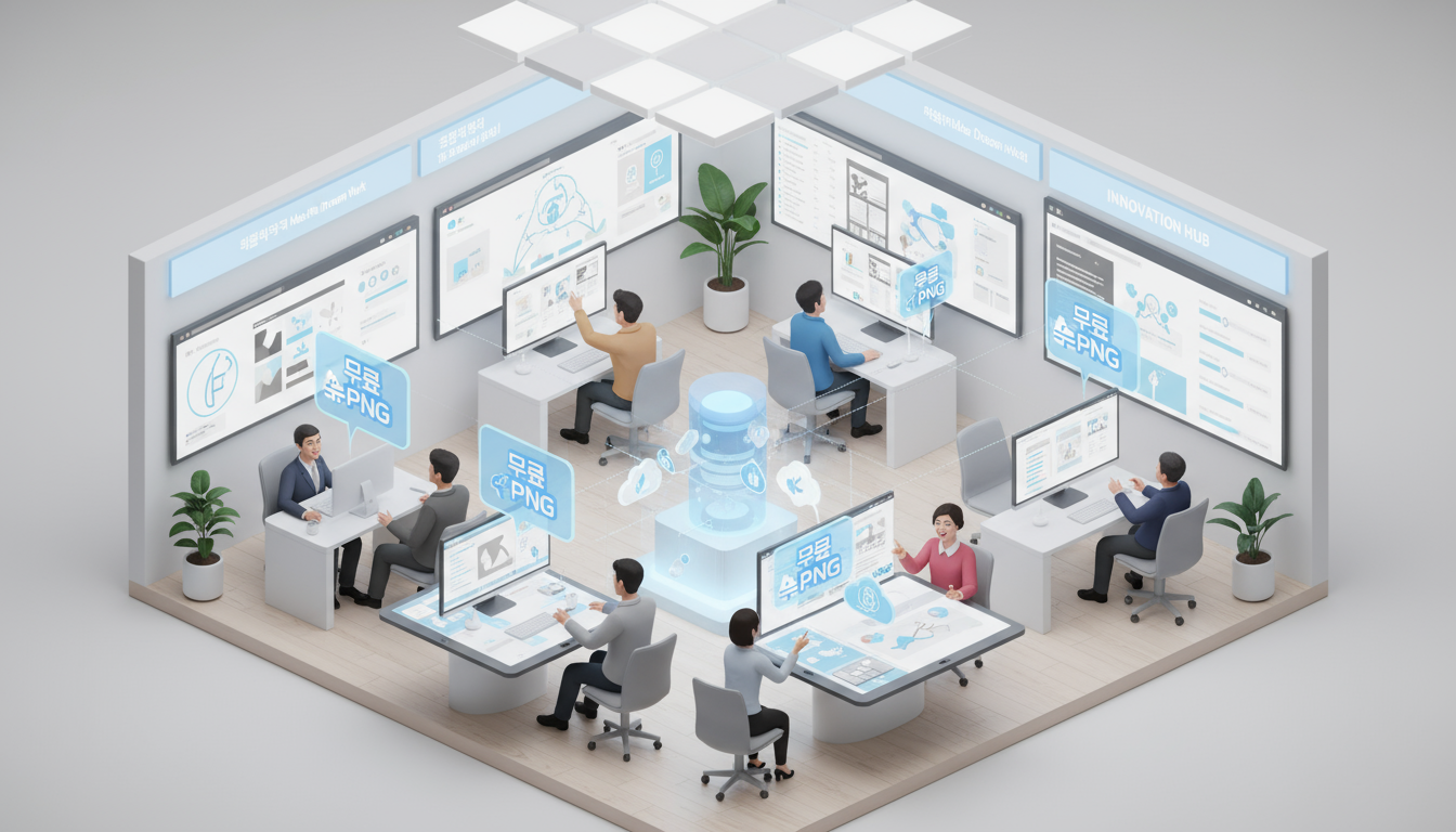 디자이너들이 투명한 '무료 PNG' 요소를 아트보드에 드래그 앤 드롭하는 디자인 스튜디오의 등각 투영도.