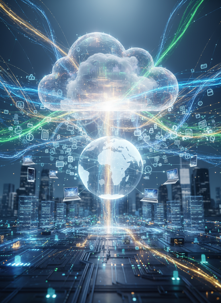 투명한 PNG 아이콘 형태의 데이터 스트림이 전 세계로 자유롭게 분배되는 클라우드 컴퓨팅 개념 이미지.