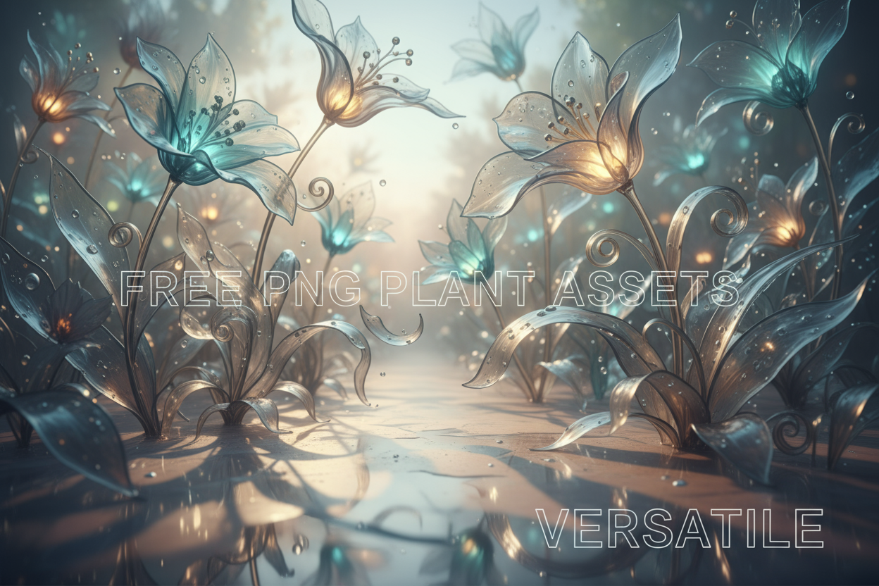 다재다능한 무료 PNG 식물 자산을 암시하는 투명하고 은은하게 빛나는 꽃과 잎사귀가 있는 추상적인 정원.