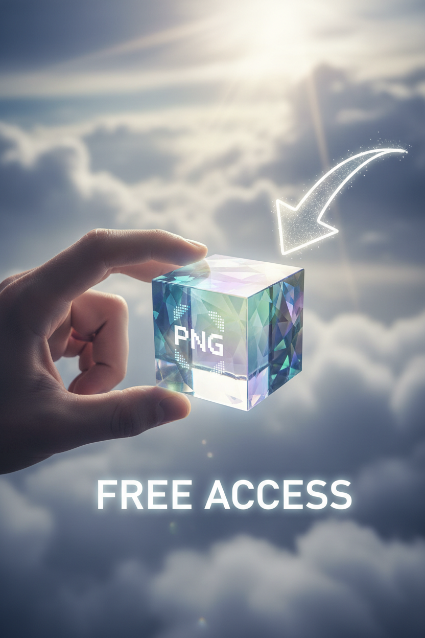 떠다니는 빛나는 PNG 큐브를 잡으려는 손, 배경에는 구름과 다운로드 화살표가 보인다.