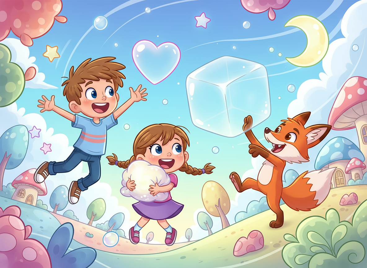 하트나 구름과 같은 떠다니는 투명한 PNG 오브젝트와 상호작용하는 캐릭터들의 유쾌한 만화 장면.