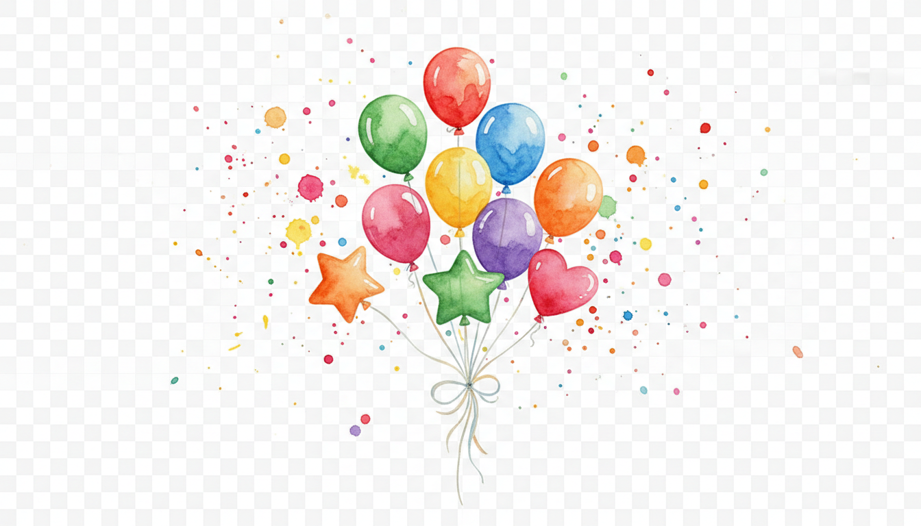 다채로운 풍선과 색종이 조각 무리, 수채화 스타일, 투명 배경, 무료 PNG.
