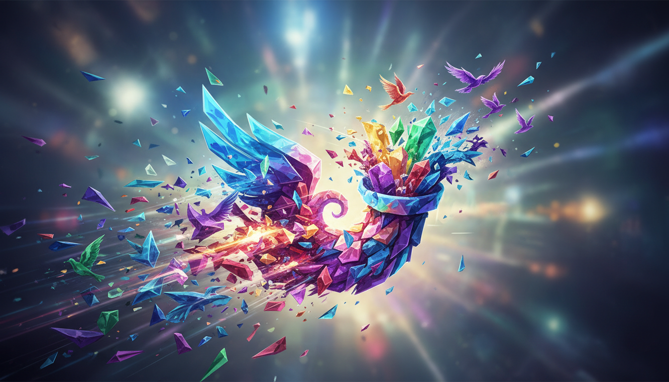 PNG 로고 형태를 이루는 다채로운 투명 픽셀과 조각들의 역동적인 폭발.