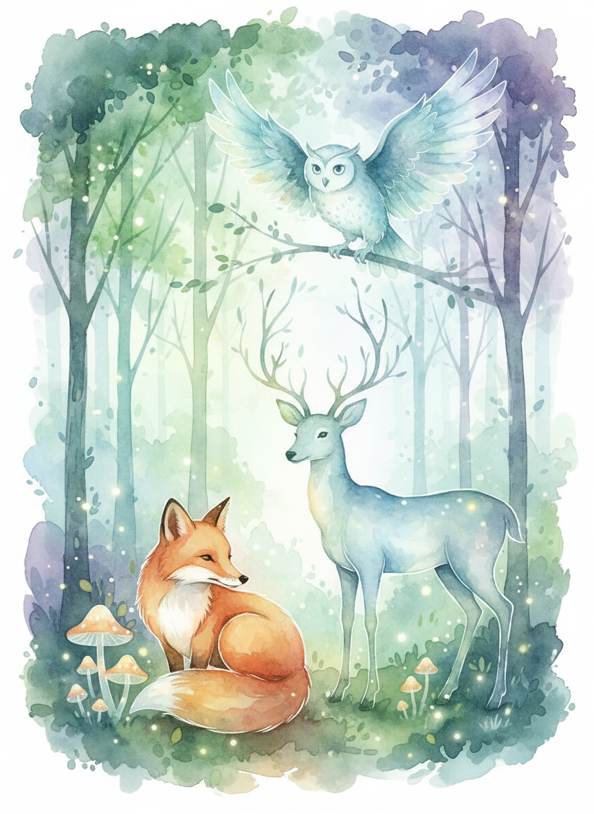 PNG 투명성을 보여주는, 숲 배경에 부드럽게 스며든 투명한 숲 동물들(여우, 사슴, 올빼미)의 수채화 일러스트레이션.