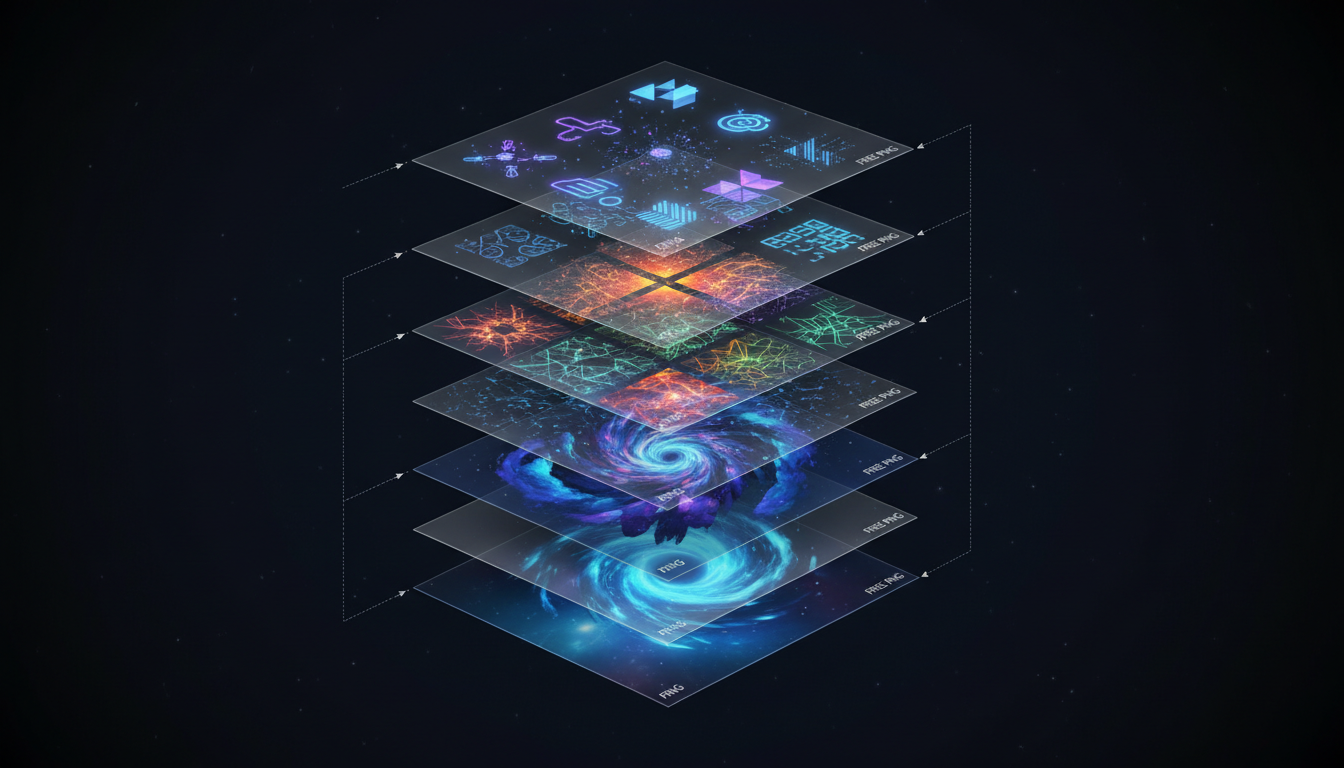 개별 투명 레이어가 무료 PNG로 얻어질 수 있는 복잡한 디지털 그래픽의 분해된 모습.