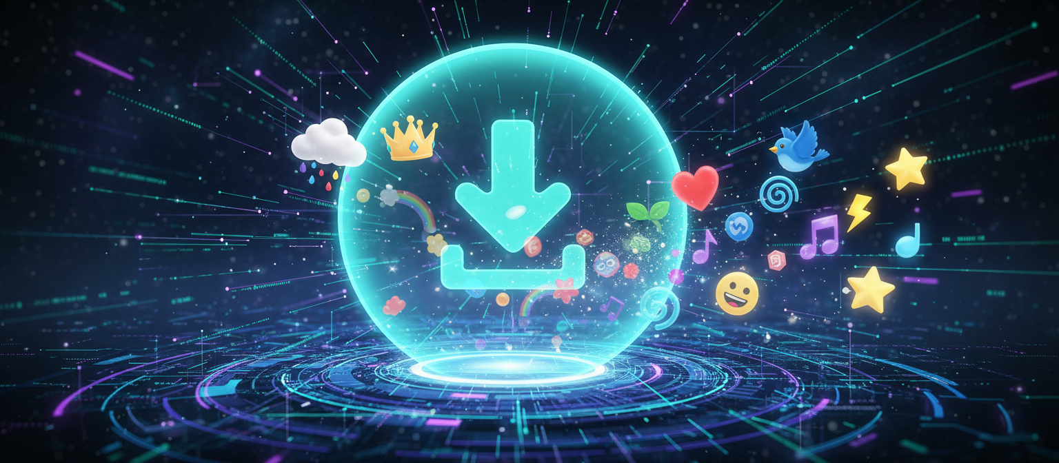 다채로운 무료 PNG 오브젝트가 디지털 세계로 나타나는 투명한 포털 형태의 창의적인 '다운로드' 버튼.