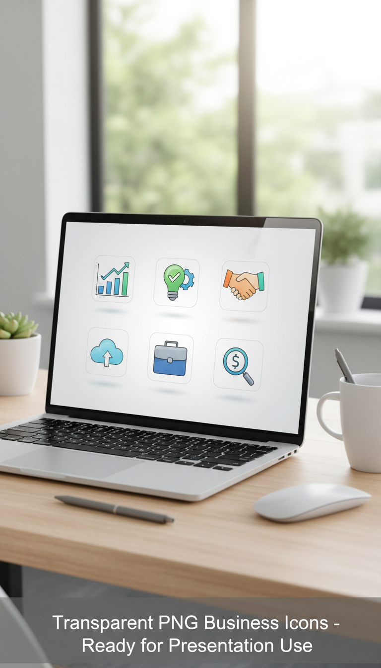 노트북이 투명한 비즈니스 아이콘을 표시하는 미니멀한 사무실 책상.