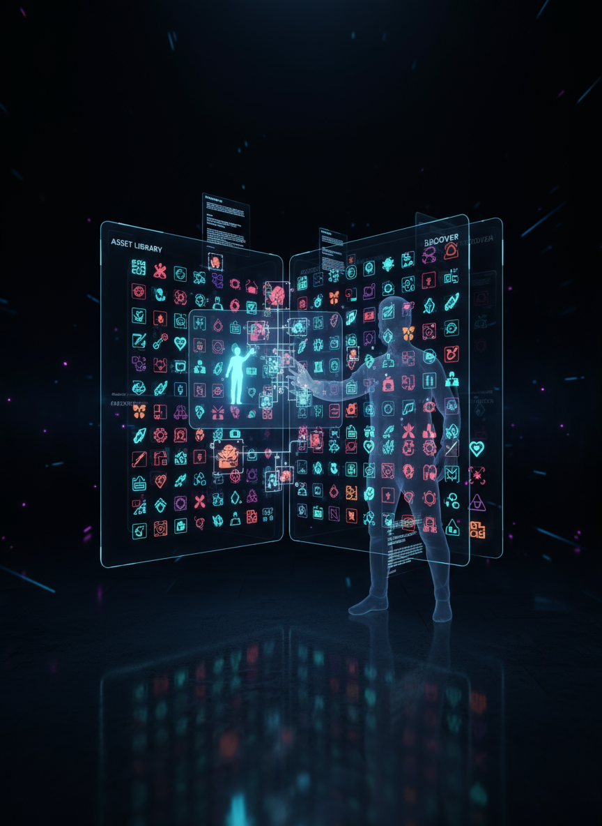 방대한 자산 라이브러리를 탐색하는 사용자를 묘사하는, 수많은 대화형 투명 무료 PNG 아이콘으로 빛나는 미래형 인터페이스.