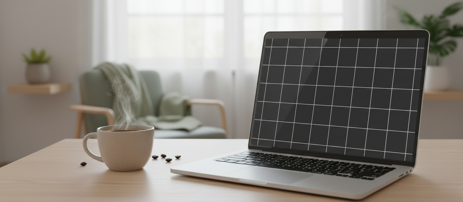 커피 한 잔과 빈 투명 사각형 그리드를 표시하는 노트북의 정물, 무료 PNG 요소 준비 상태를 암시.