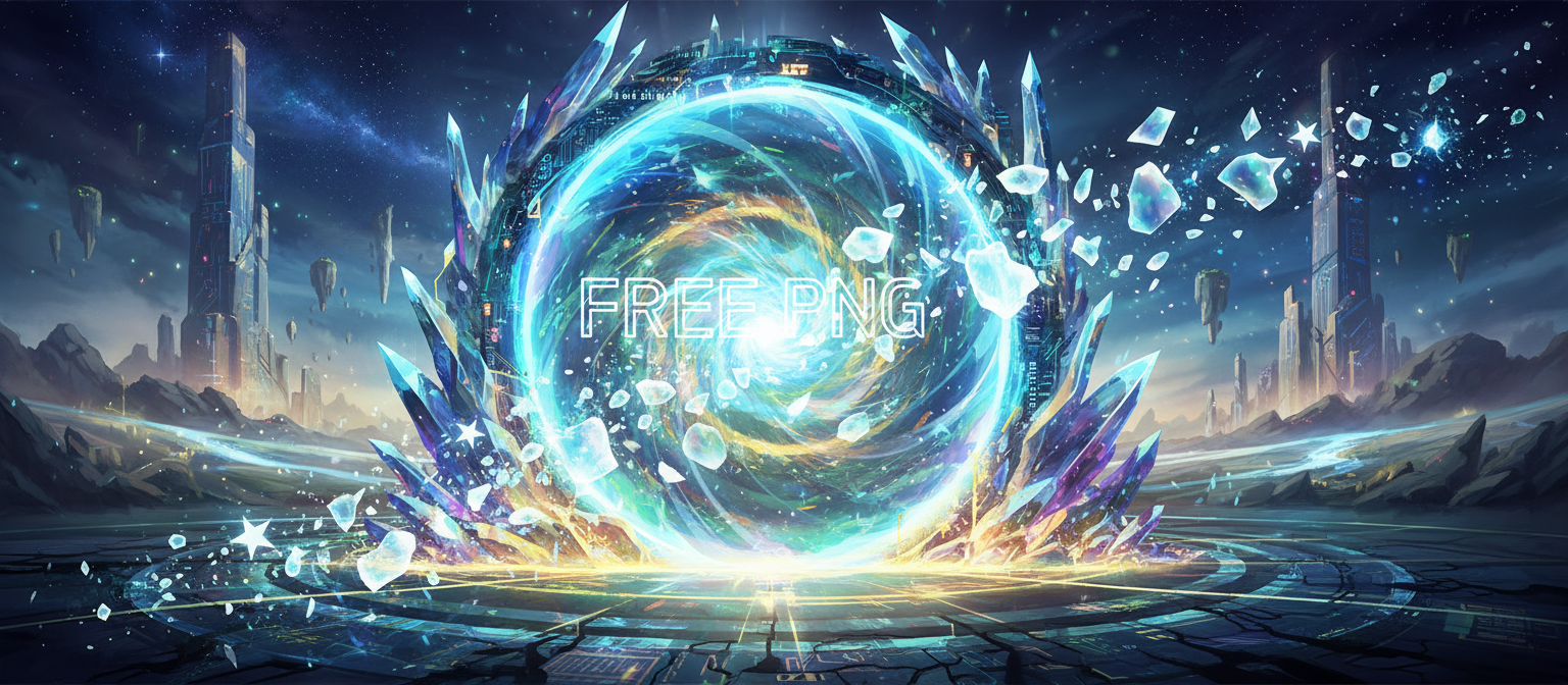 빛과 에너지로 반짝이는 디지털 포털 개념 아트, '무료 PNG'를 상징하는 추상적이고 투명한 형태들이 끊임없이 흘러나옴.