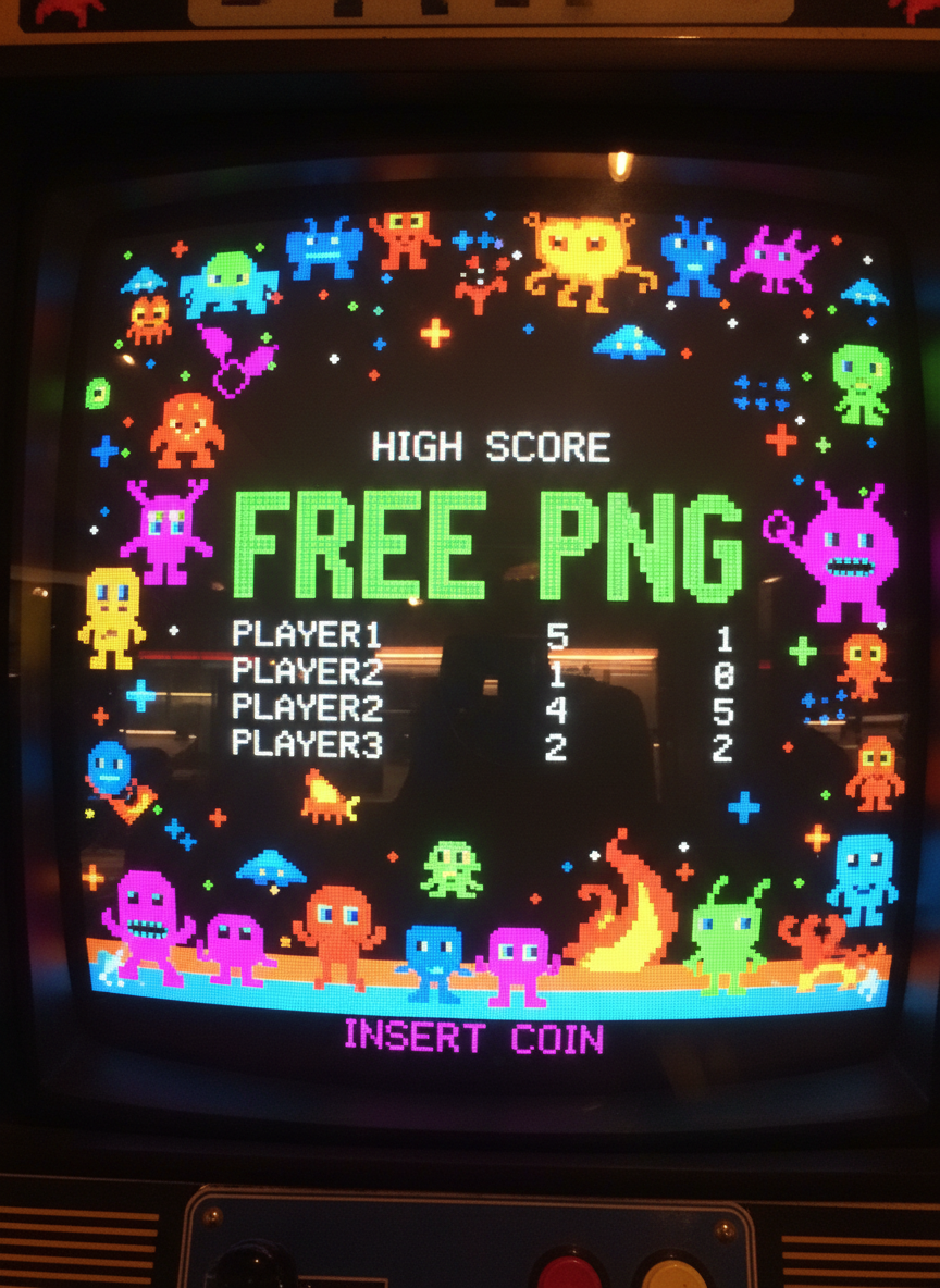 'FREE PNG'가 최고 점수로 표시된 옛날 아케이드 게임 화면, 픽셀 아트 스타일.