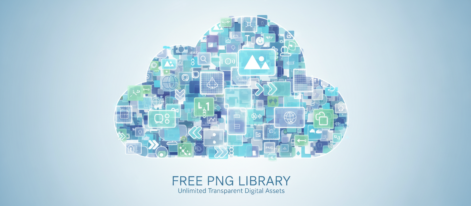 투명한 디지털 자산으로 이루어진 매끄럽고 기하학적인 '구름', 무료 PNG 라이브러리를 상징합니다.