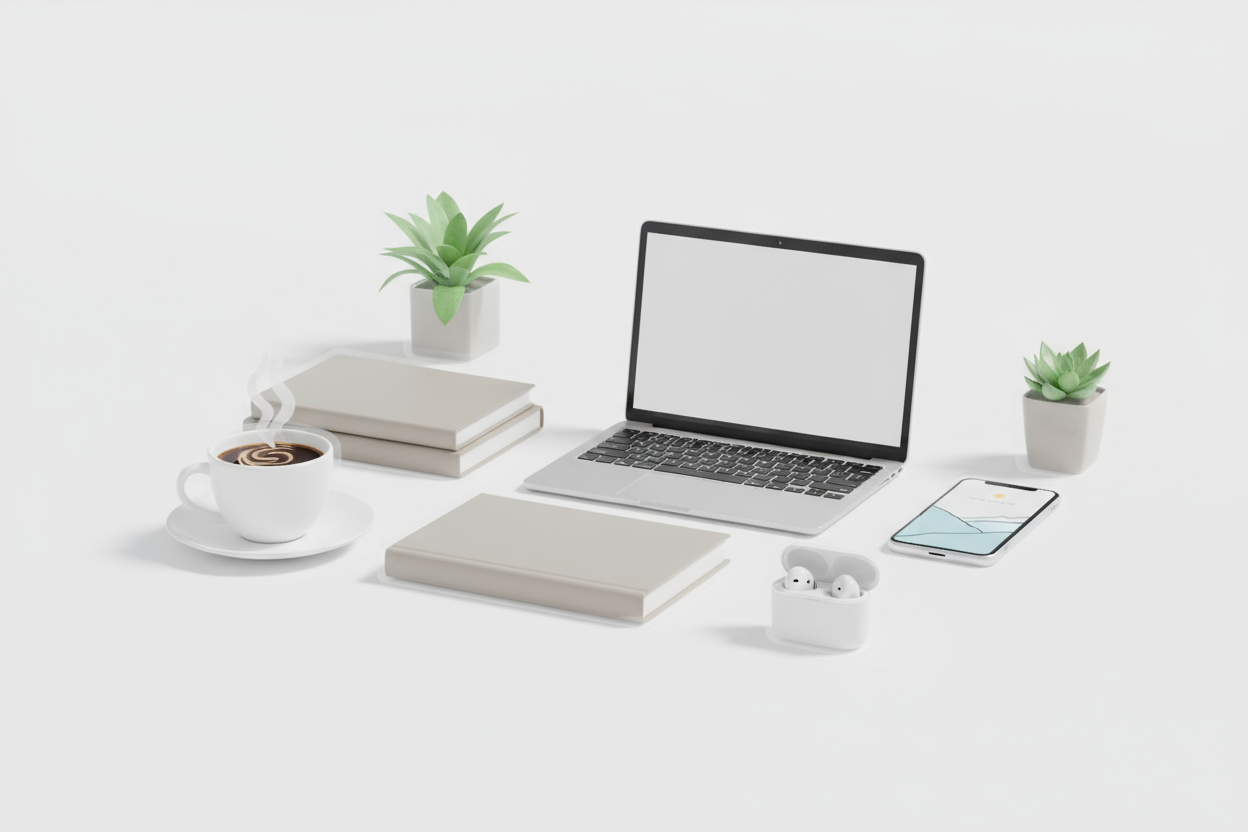 커피 컵, 식물, 노트북과 같은 일상 물건들의 투명한 PNG를 묘사한 3D 렌더링.