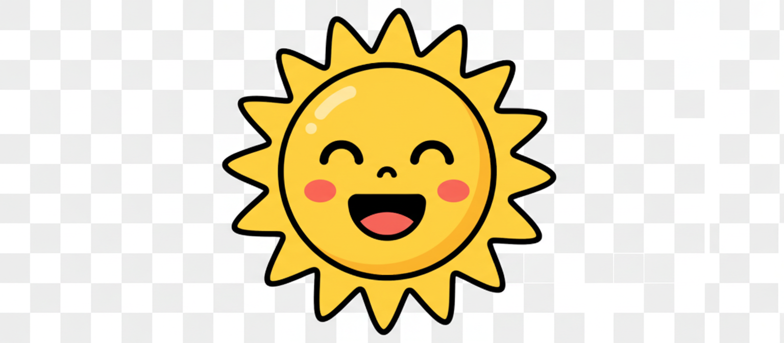 귀여운 웃는 태양 만화 캐릭터, 쾌활하고 밝음, 투명 배경, 무료 PNG 날씨 아이콘.