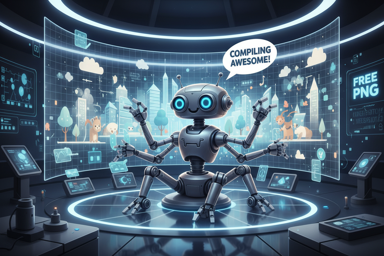 투명한 무료 PNG 구성 요소를 사용하여 디지털 창작물을 조립하는 명랑한 로봇 디자이너.