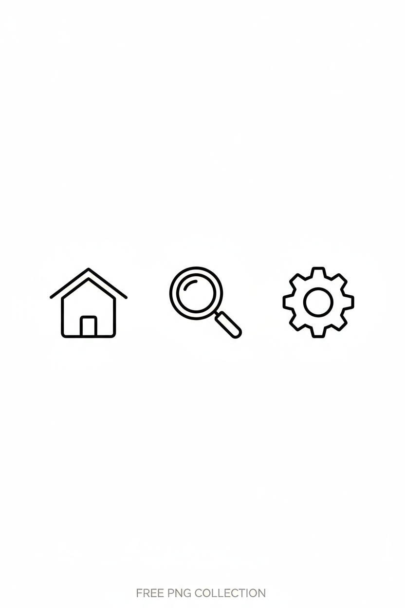 웹 내비게이션을 위한 미니멀리스트 라인 아이콘 (홈, 검색, 설정), 투명 배경, 무료 PNG 컬렉션.