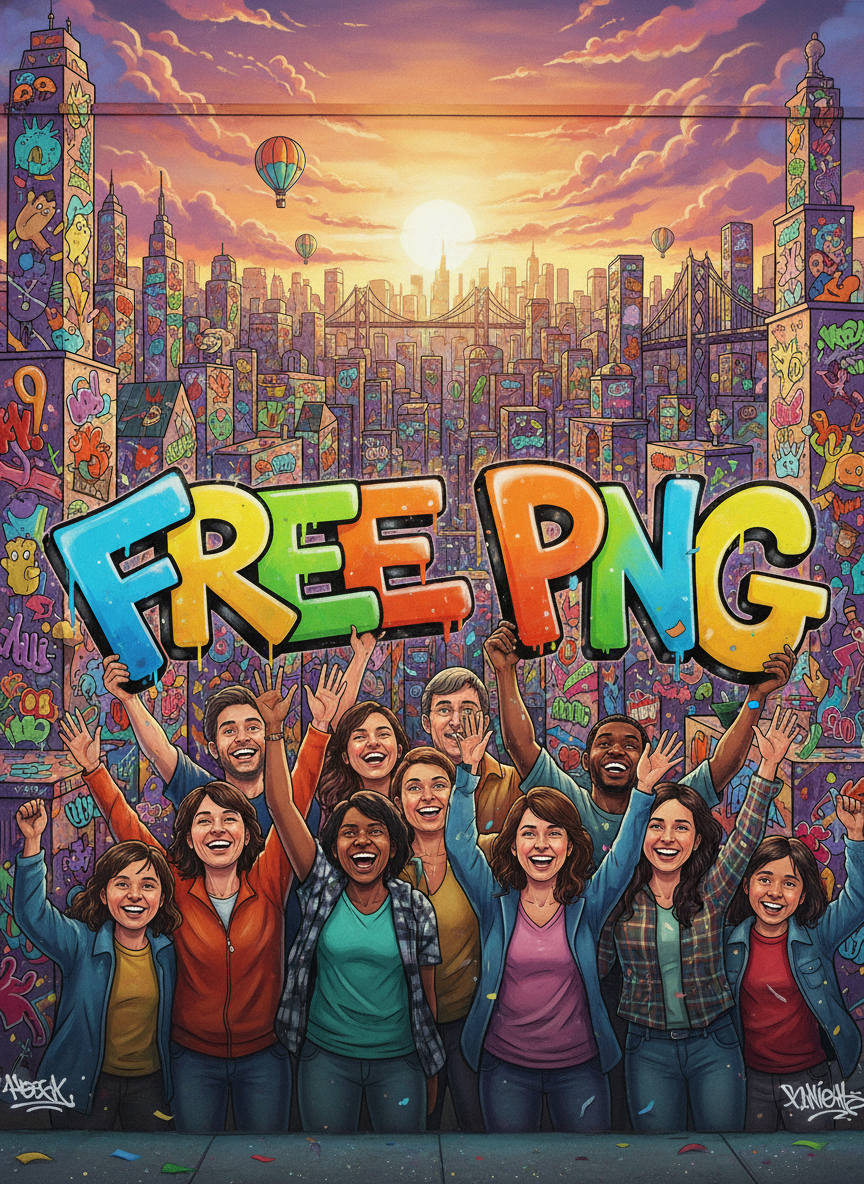 다양한 사람들이 'FREE PNG'라고 적힌 표지판을 들고 있는 즐거운 스트리트 아트 장면.