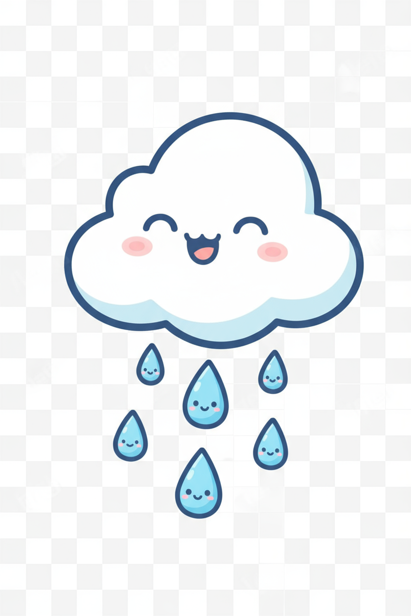 비가 내리는 귀여운 웃는 구름 만화 캐릭터, 어린이 친화적인 일러스트레이션, 투명 배경, 무료 PNG 클립아트.