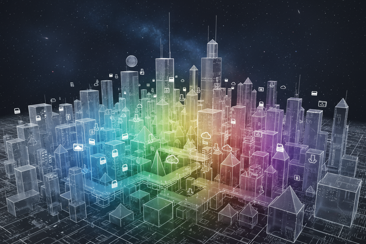 풍부한 무료 PNG 리소스를 상징하는 반투명 기하학적 형태로 이루어진 미래 도시 풍경.