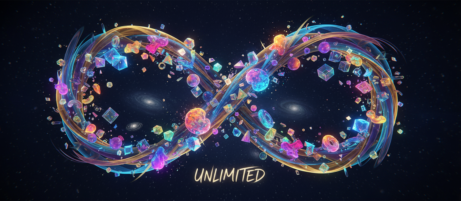 투명하고 소용돌이치는 리본으로 이루어진 무한대 기호, 다양한 작은 무료 PNG 오브젝트들을 포함.