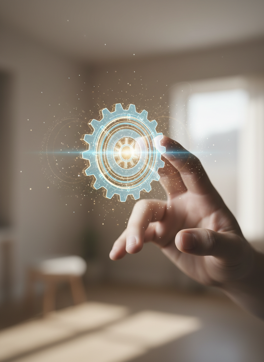 공중에 떠 있는 무료 PNG 요소(나비나 빛나는 톱니바퀴)의 투영을 만지려는 손, 접근성과 상호작용을 상징.