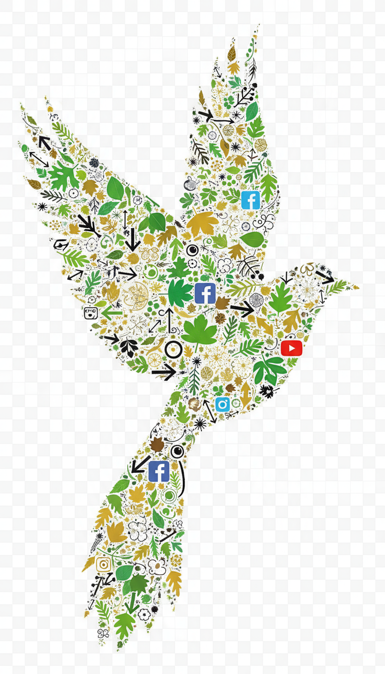 수많은 작고 다양한 무료 PNG 요소(나뭇잎, 화살표, 반짝임)로 구성된 모자이크, 하나의 투명한 이미지를 이룸.