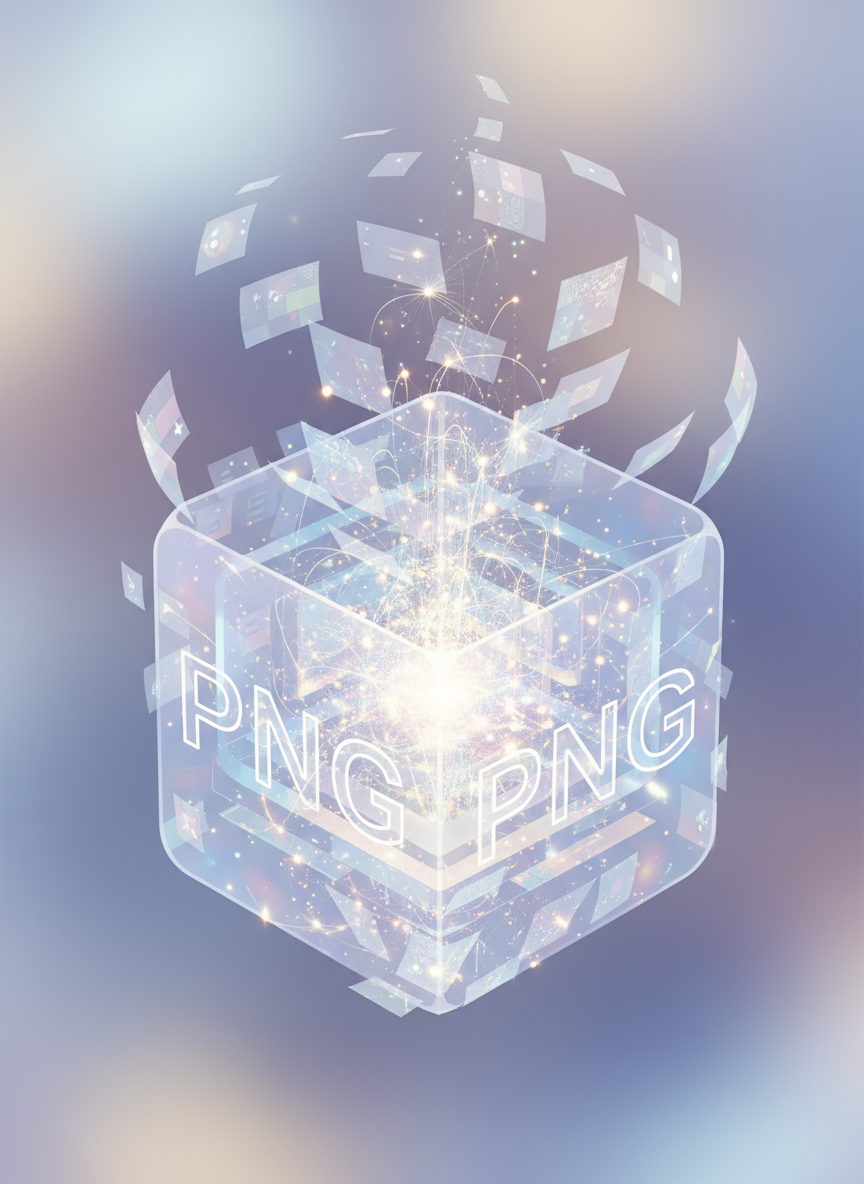 투명한 레이어가 분리되며 무한한 가능성을 드러내는 해체된 PNG 아이콘.