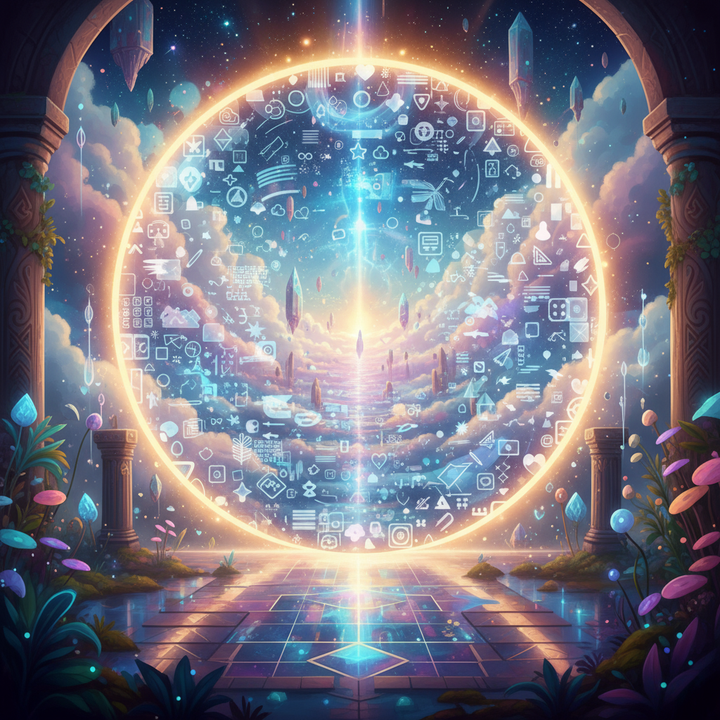 끝없는 무료 PNG 그래픽 자산이 보이는 투명하게 빛나는 디지털 포털.