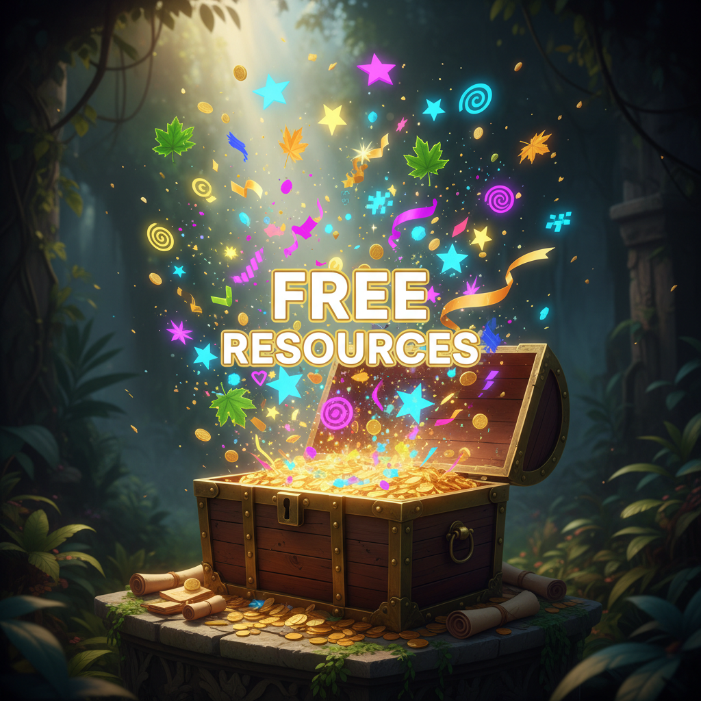 투명한 PNG 스타일의 디자인 요소들이 쏟아져 나오는 열린 보물상자.