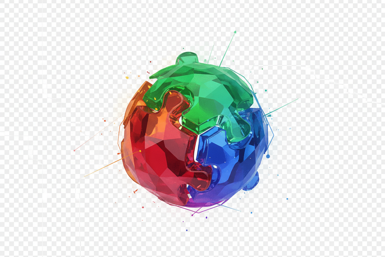 서로 맞물린 3차원 퍼즐 조각, 해결책이나 팀워크 상징, 생생한 색상, 투명 배경, 무료 PNG 개념.