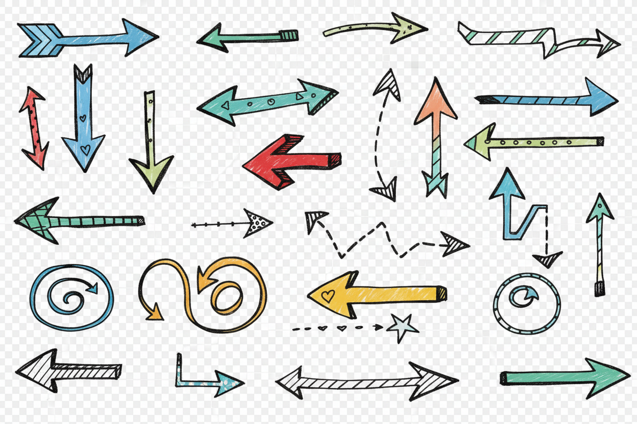 다양한 방향과 스타일의 손으로 그린 화살표 세트, 낙서 아트, 투명 배경, 무료 PNG 디자인 요소.