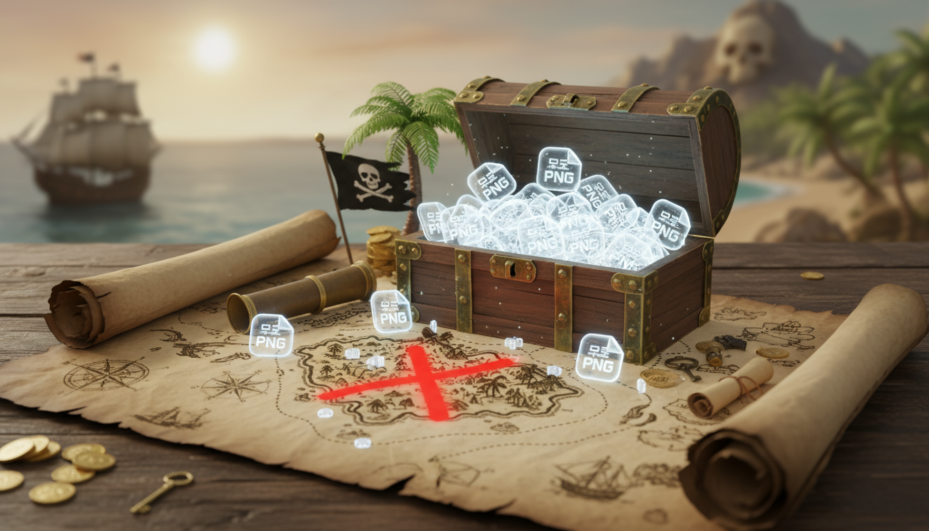 빛나는 투명한 '무료 PNG' 요소들로 가득 찬 보물상자가 있는 보물지도.