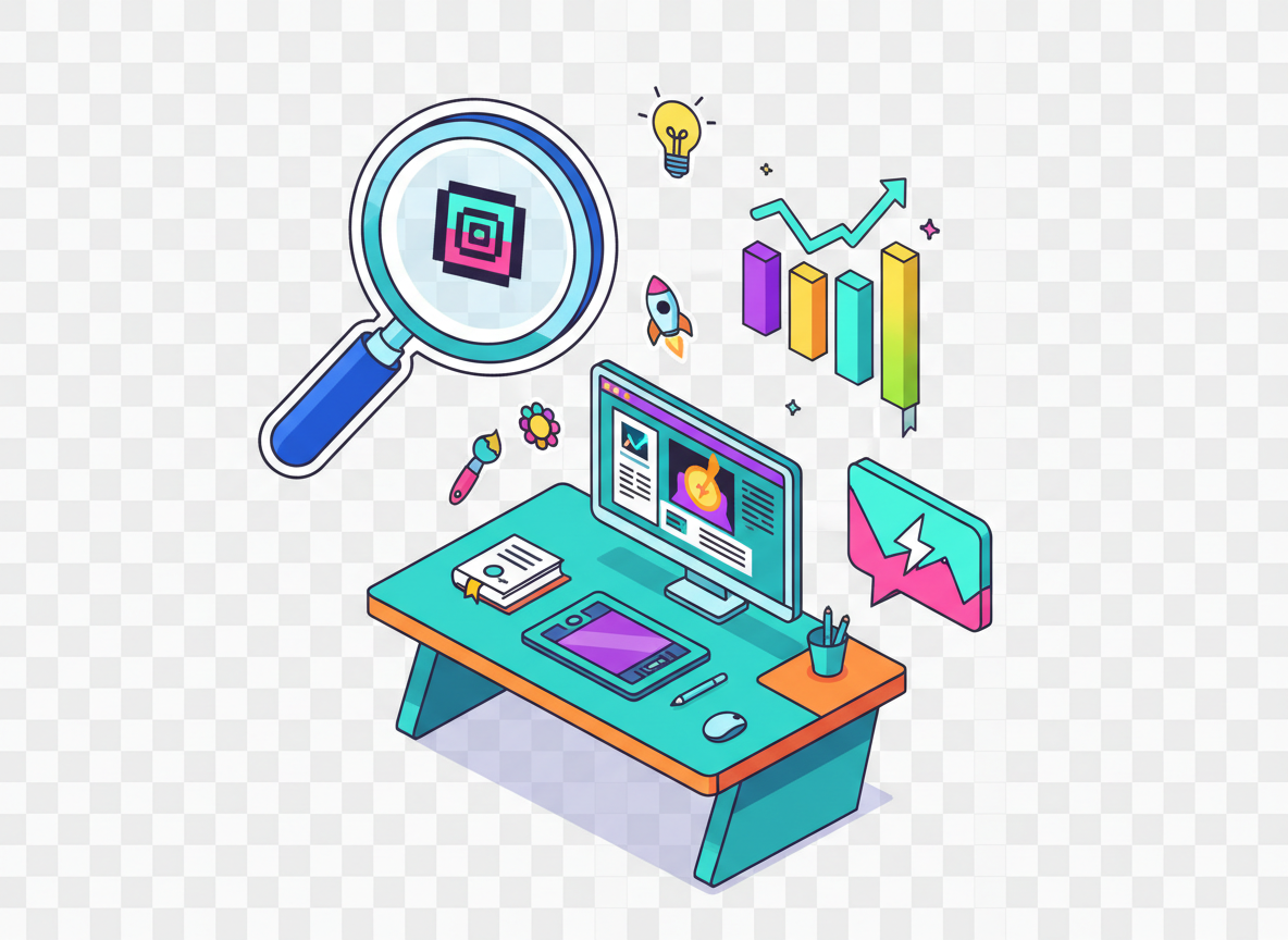 확대경과 데이터 차트 같은 다양한 무료 PNG 요소들이 있는 창의적인 작업 공간의 등각 투영 일러스트레이션.