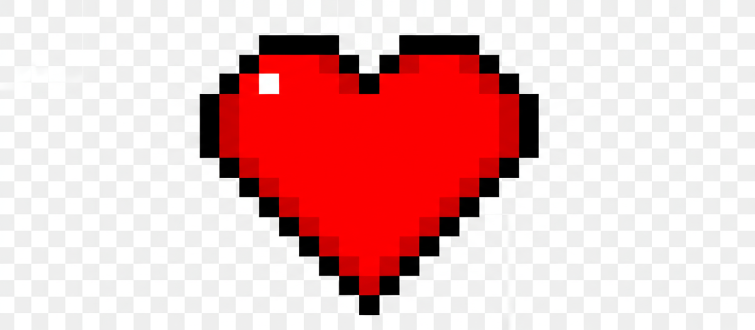 픽셀 아트 하트 아이콘, 고전적인 8비트 스타일, 생생한 빨간색, 투명 배경, 무료 PNG 게임 에셋.