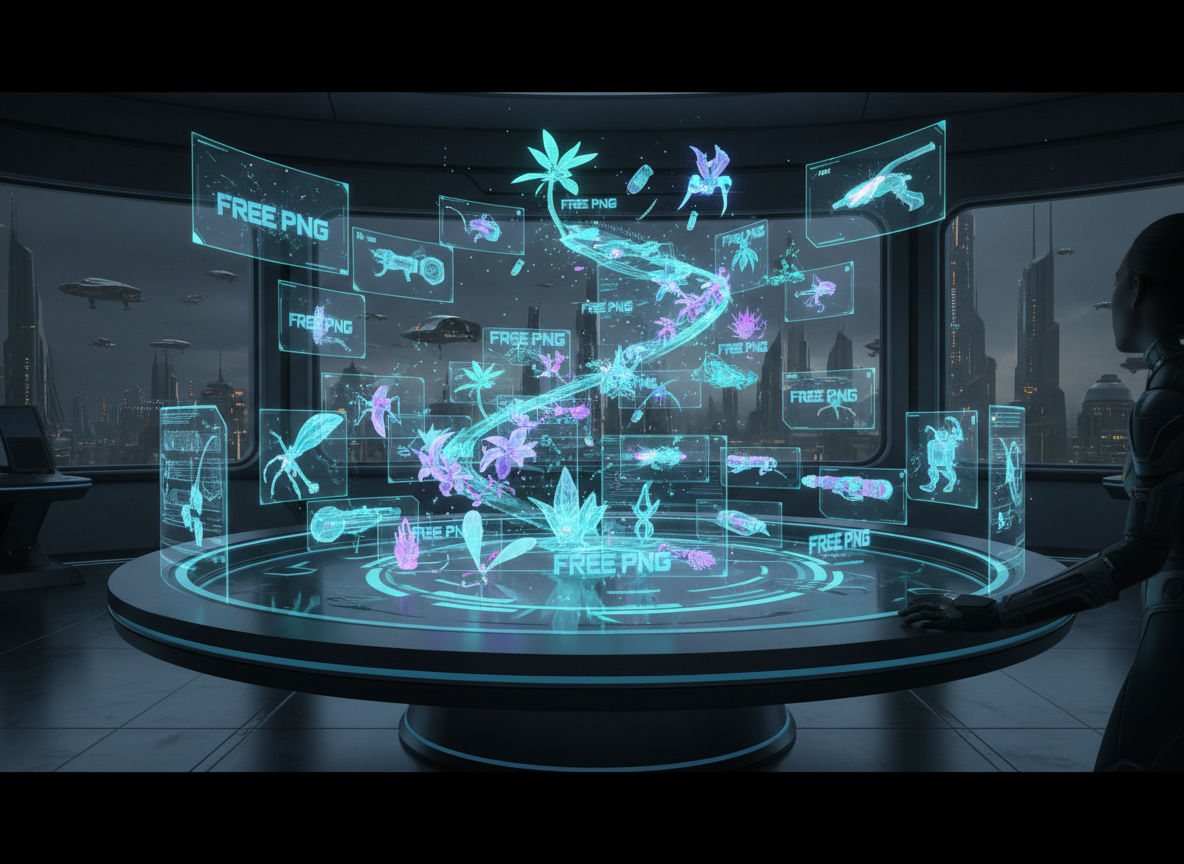 식물, 동물, 기술 기기 등 다양한 투명 이미지가 '무료 PNG'로 태그된 미래형 홀로그램 디스플레이.