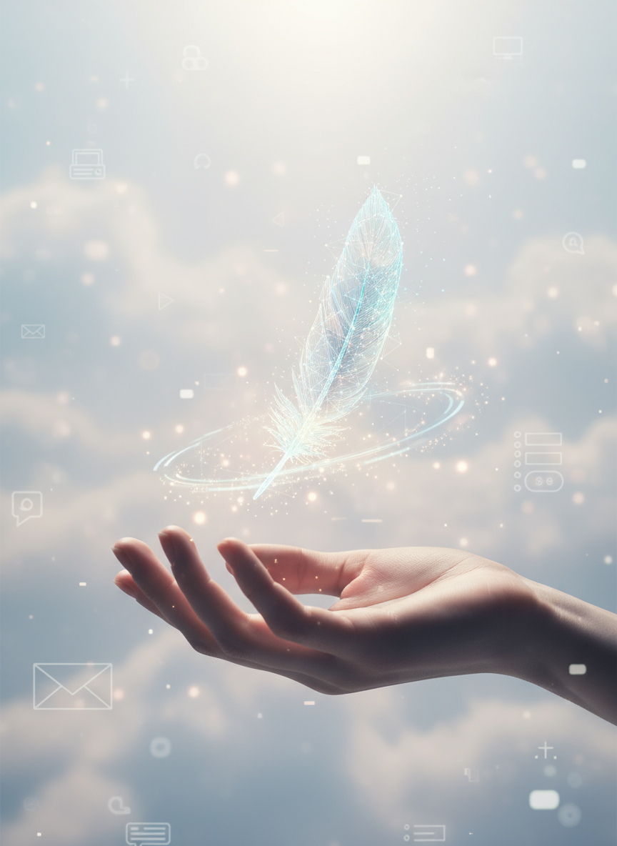빛나는 투명 디지털 깃털을 놓아주는 손, 손쉬운 무료 PNG를 상징합니다.