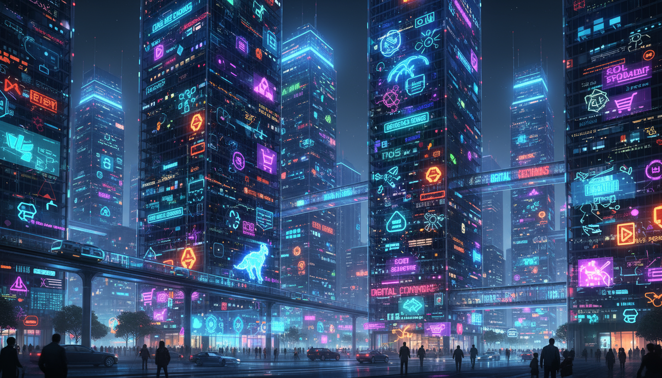 건물 창문들이 투명한 디자인과 아이콘으로 빛나는 밤의 도시 풍경.