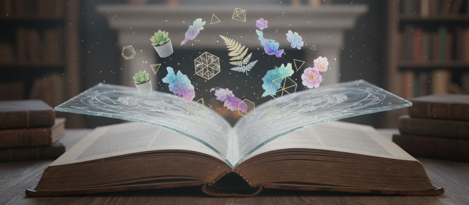 식물과 패턴 같은 떠다니는 무료 PNG 요소들을 비추는 유리 같은 페이지를 가진 펼쳐진 책.