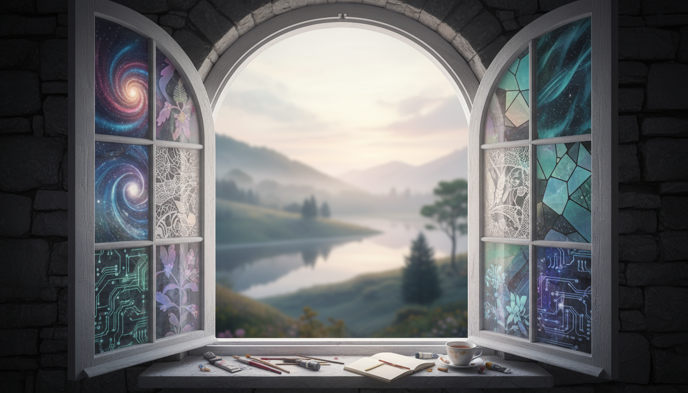 다양하고 아름다운 투명 무료 PNG 질감과 패턴으로 채워진 창문, 창의성을 유도하는 평온한 풍경을 내려다보고 있음.