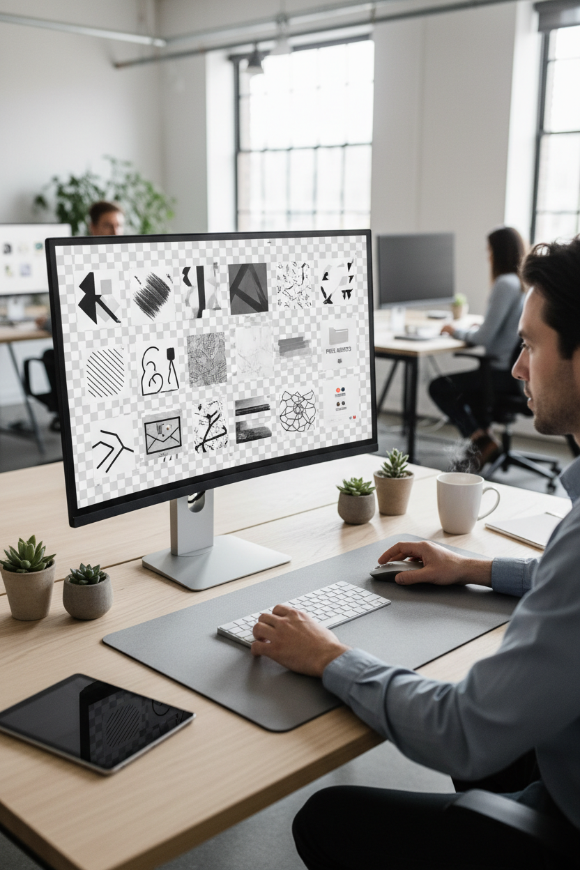 모니터에 고품질 무료 PNG 자산이 표시된 그래픽 디자이너의 작업 공간.