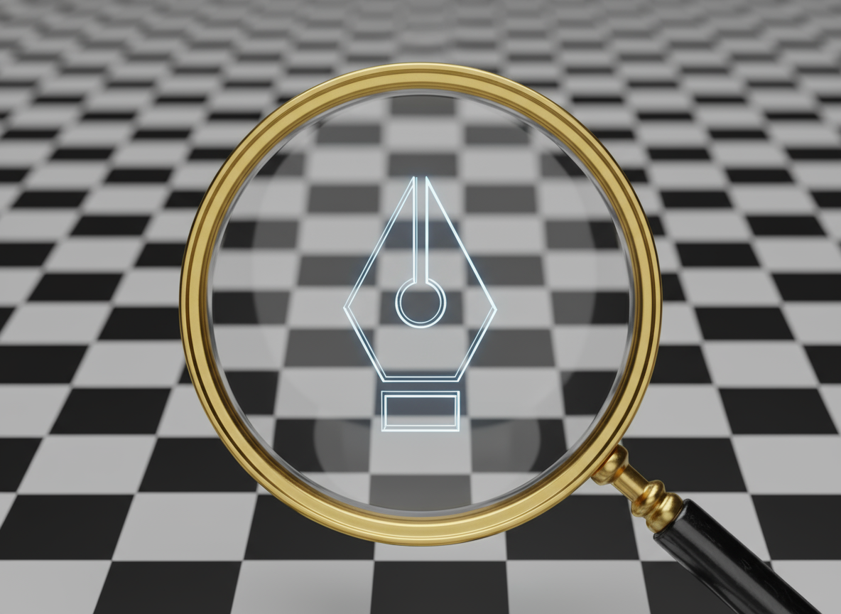 체크무늬 그리드 위에서 디지털 아티스트의 펜 도구를 투명한 PNG로 보여주는 돋보기.