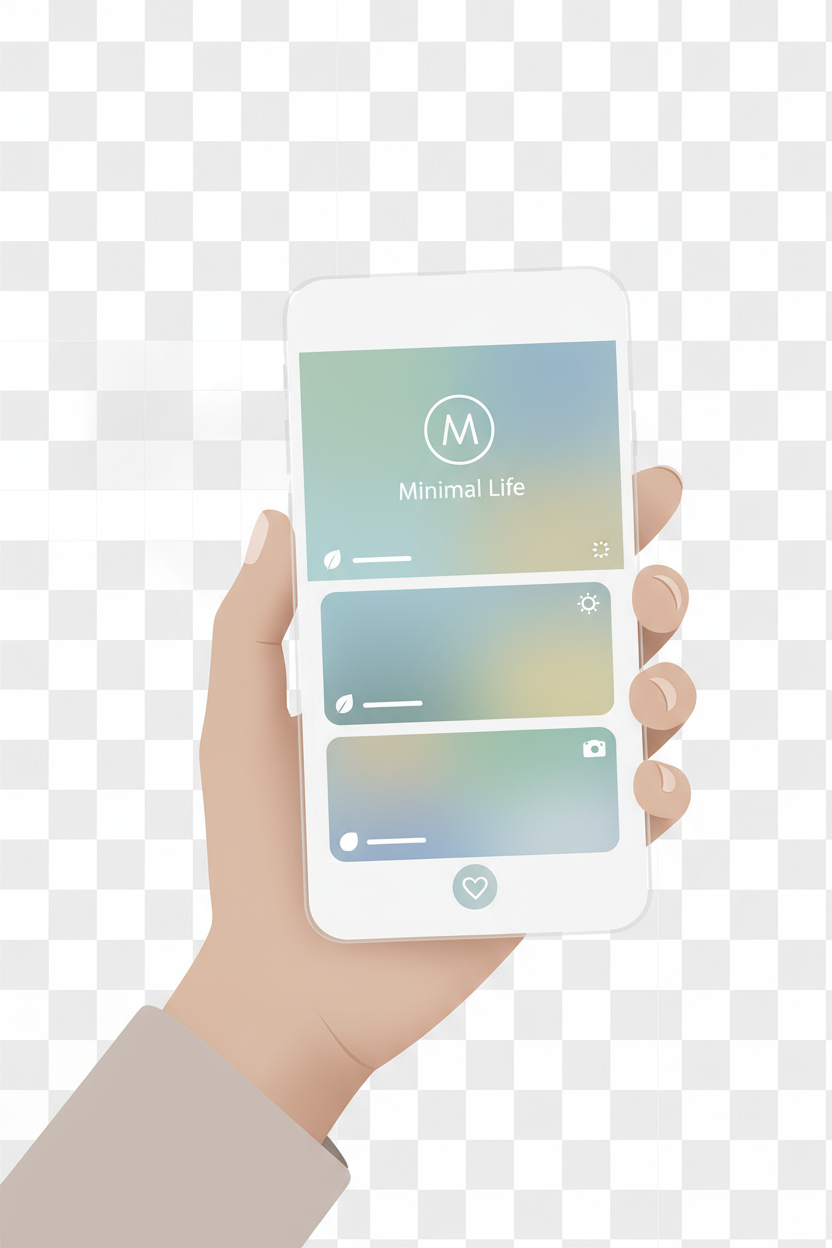 소셜 미디어 피드를 표시하는 스마트폰을 들고 있는 손, 미니멀 디자인, 투명 배경, 무료 PNG.