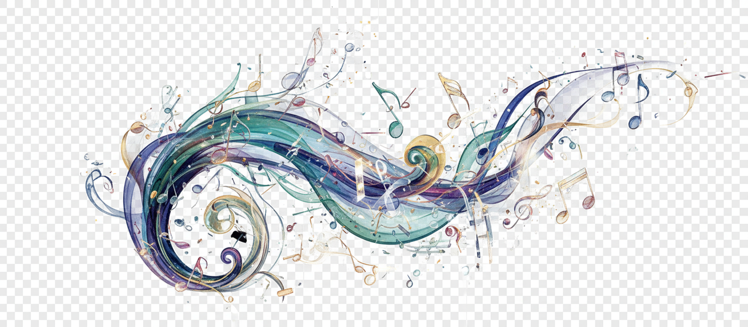 떠다니는 양식화된 음표와 기호, 역동적이고 예술적, 투명 배경, 무료 PNG 음악 그래픽.