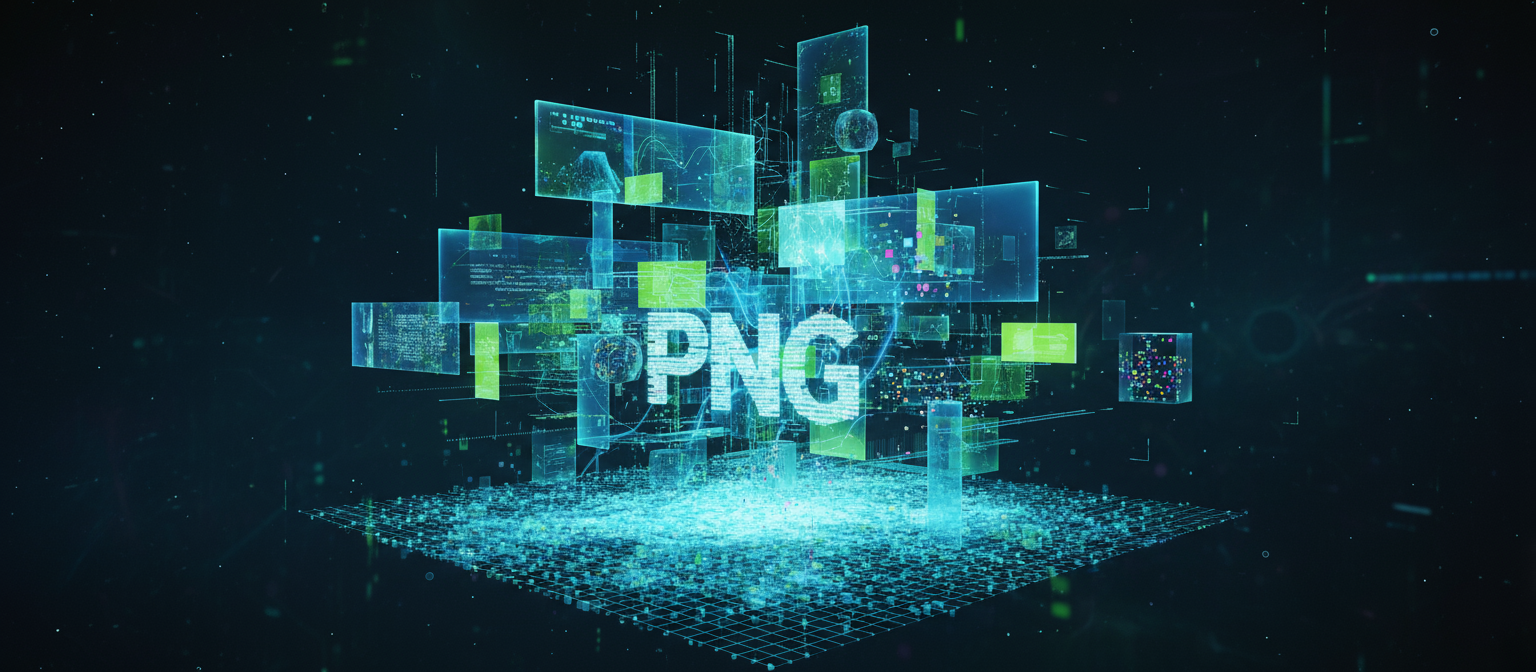 투명도, 픽셀 및 데이터를 예술적으로 배열하여 보여주는 PNG 파일의 해체된 모습.