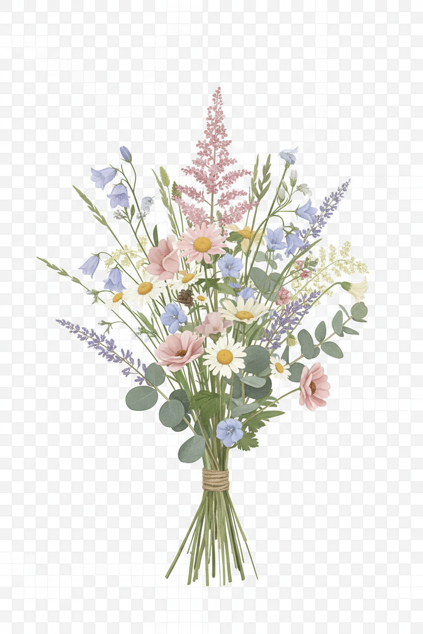 부드러운 파스텔 색상의 섬세한 들꽃 부케, 소박한 매력, 투명 배경, 무료 PNG 꽃꽂이.