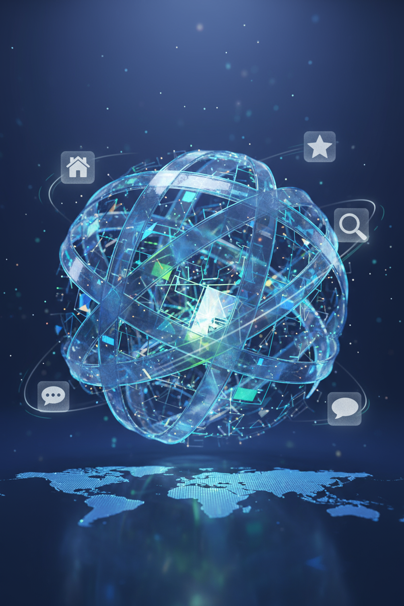 리본과 형태로 이루어진 투명한 지구본 주위를 작은 무료 PNG 아이콘(집, 별 등)이 궤도에 돌고 있음.